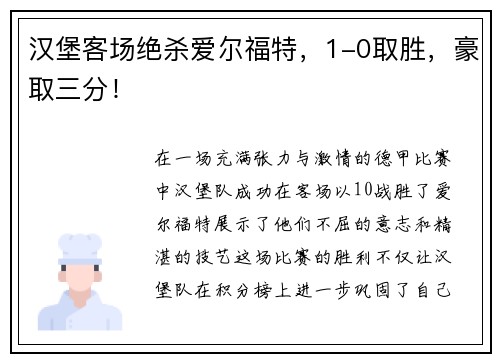 汉堡客场绝杀爱尔福特，1-0取胜，豪取三分！