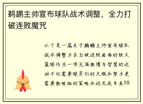 鹈鹕主帅宣布球队战术调整，全力打破连败魔咒