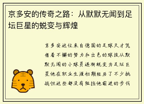 京多安的传奇之路：从默默无闻到足坛巨星的蜕变与辉煌